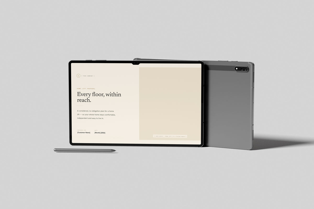 Beige Residential Lift Installation Proposal Template in PowerPoint, shown on a tablet