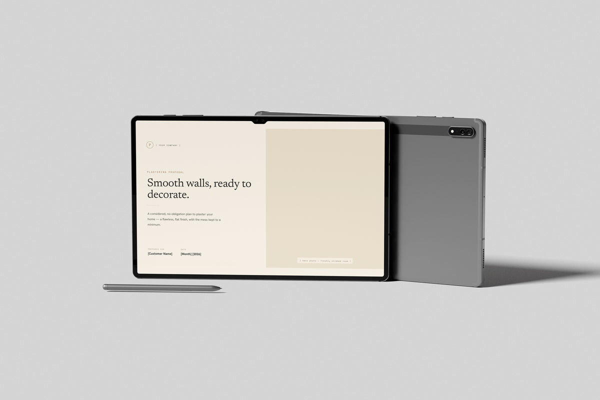 Beige Residential Plastering Proposal Template in PowerPoint, shown on a tablet