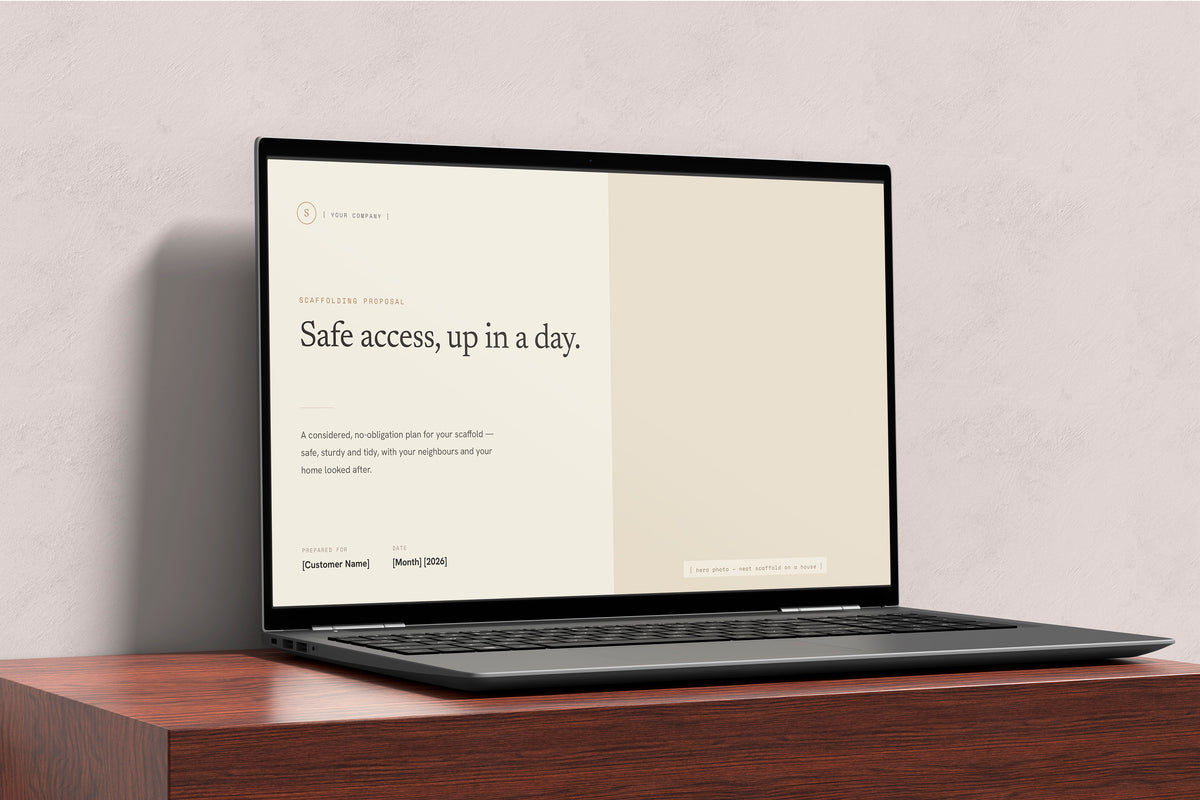 Beige Residential Scaffolding Proposal Template in PowerPoint, shown on a laptop