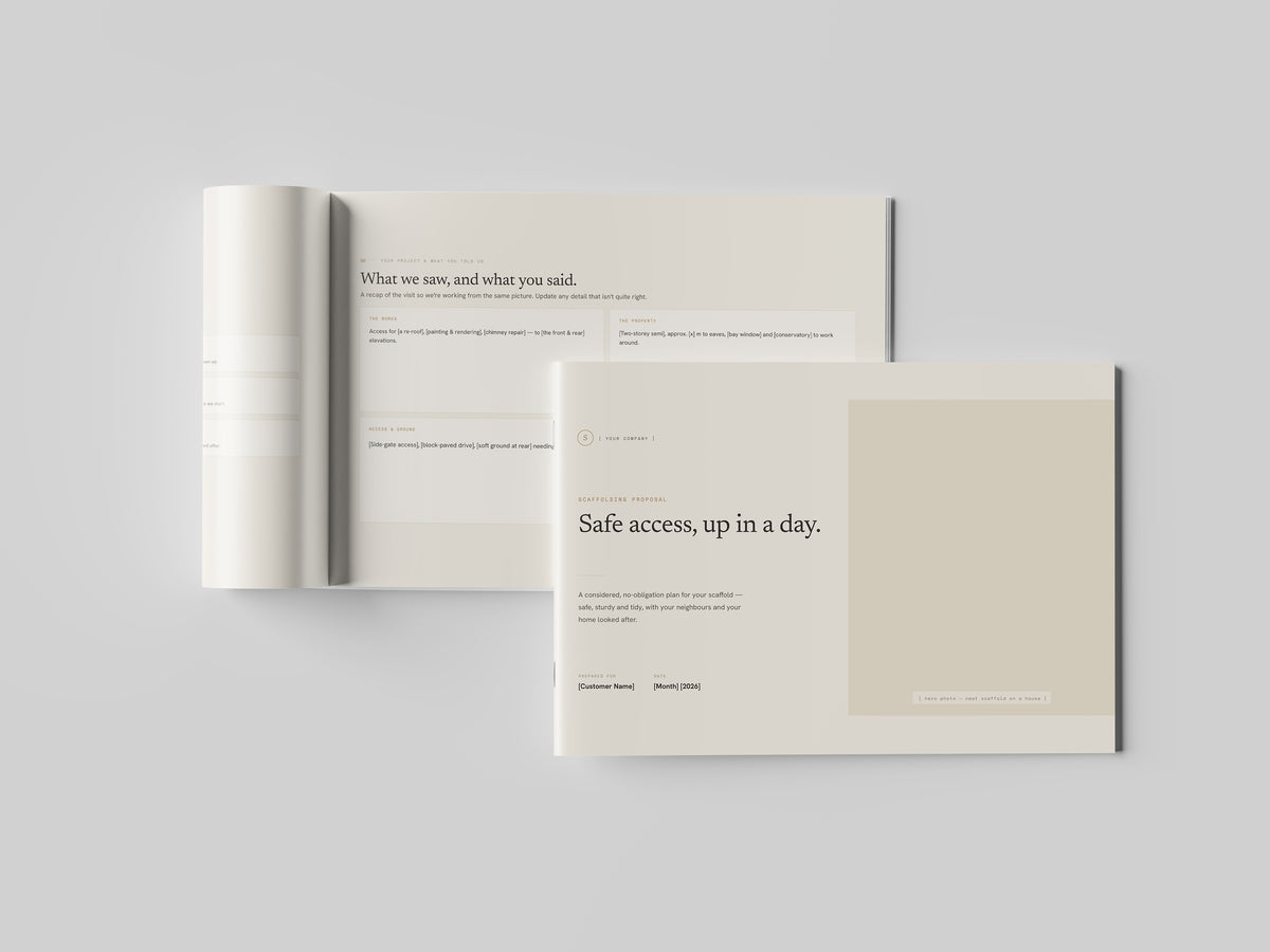 Beige Residential Scaffolding Proposal Template in PowerPoint, printed and open at an inside page