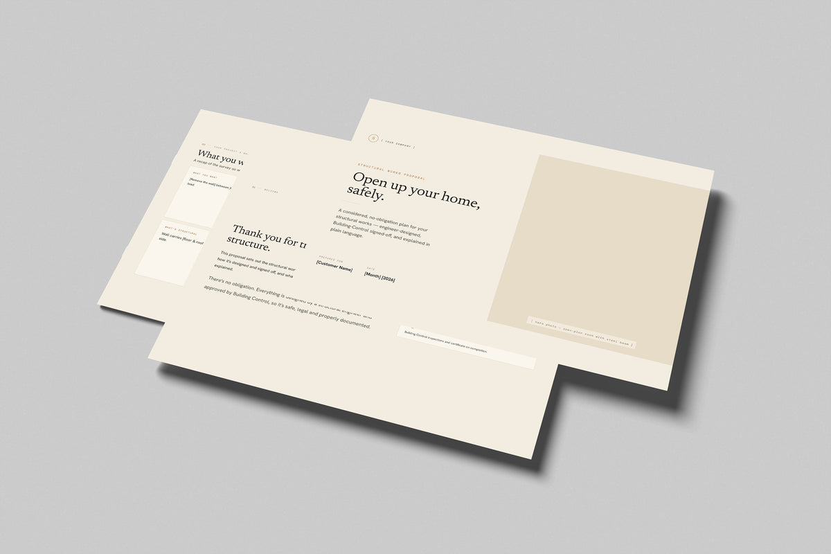 Beige Residential Structural Contractor Proposal Template in PowerPoint, shown as printed brochures