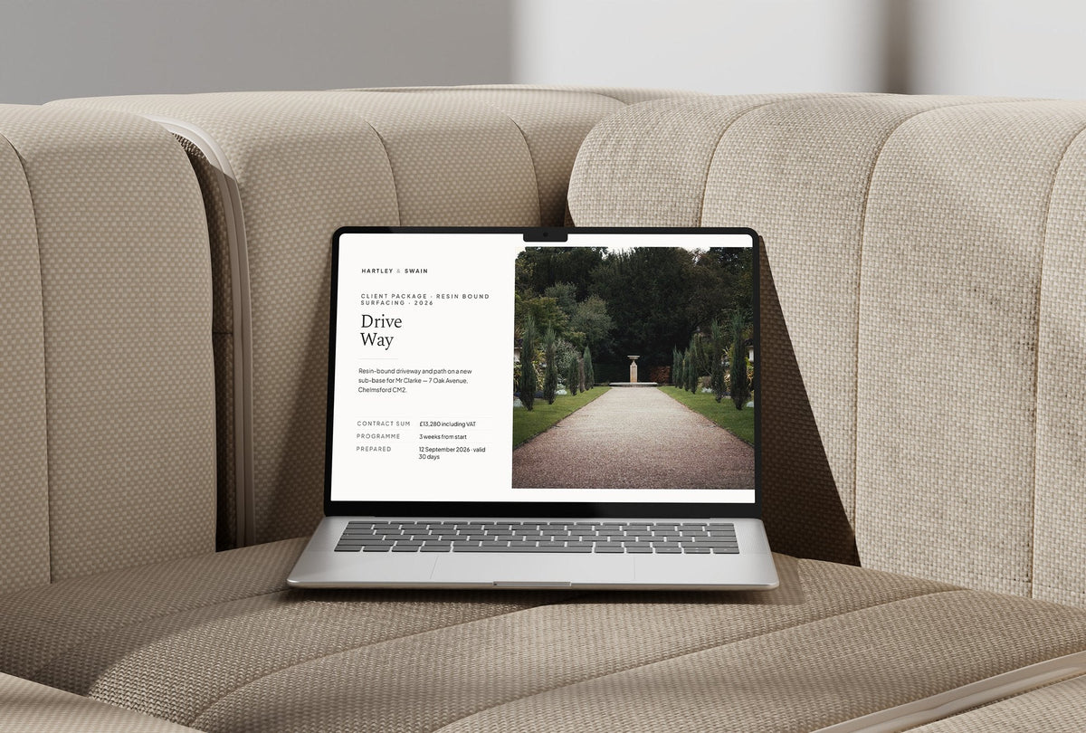 Resin Bound Surfacing Client Package, Ivory colourway, laptop screen mockup