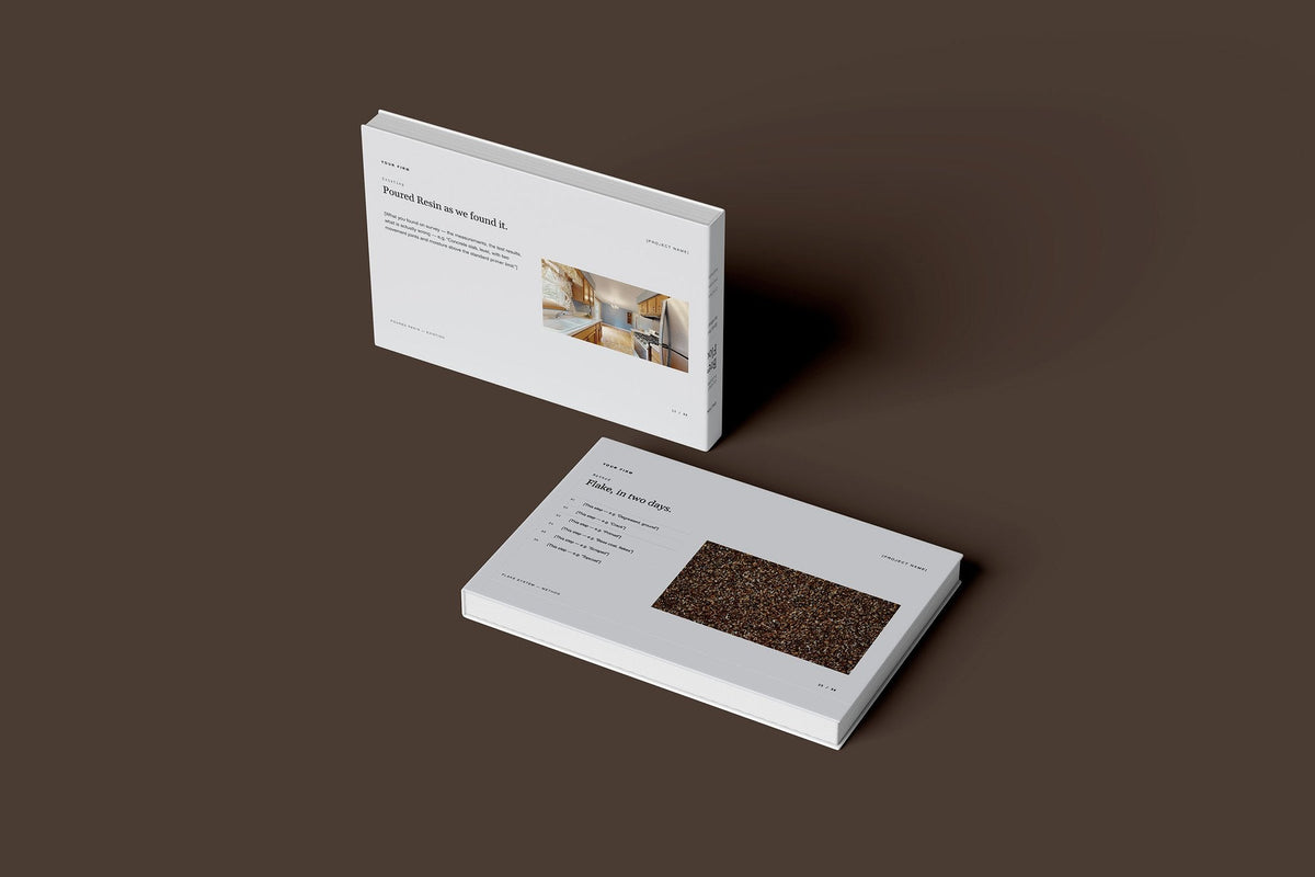 Resin Flooring Client Package, Slate colourway, floating books mockup