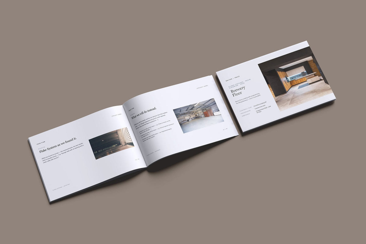 Resin Flooring Client Package, Slate colourway, cover and inside spread mockup