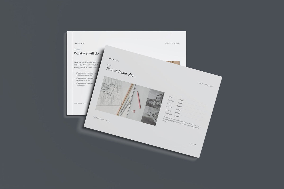Resin Flooring Client Package, Slate colourway, front and back cover mockup