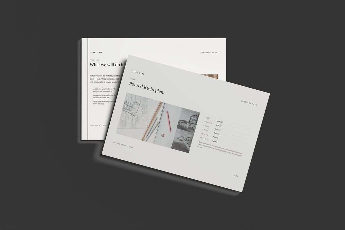 Resin Flooring Client Package, Standard colourway, front and back cover mockup