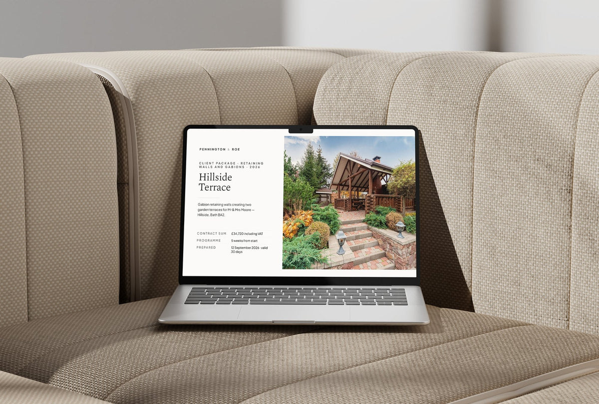 Retaining Walls and Gabions Client Package, Ivory colourway, laptop screen mockup