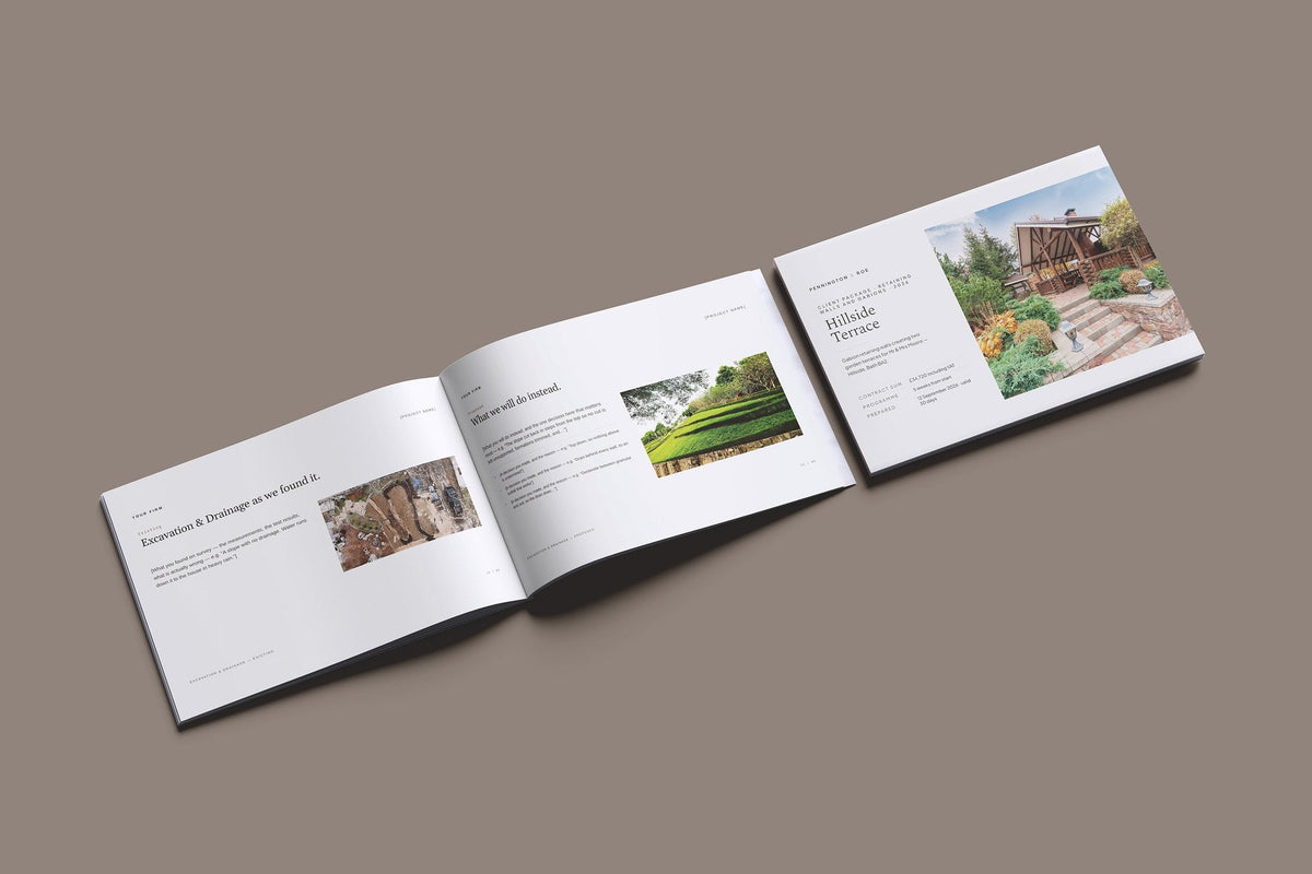 Retaining Walls and Gabions Client Package, Oat colourway, cover and inside spread mockup