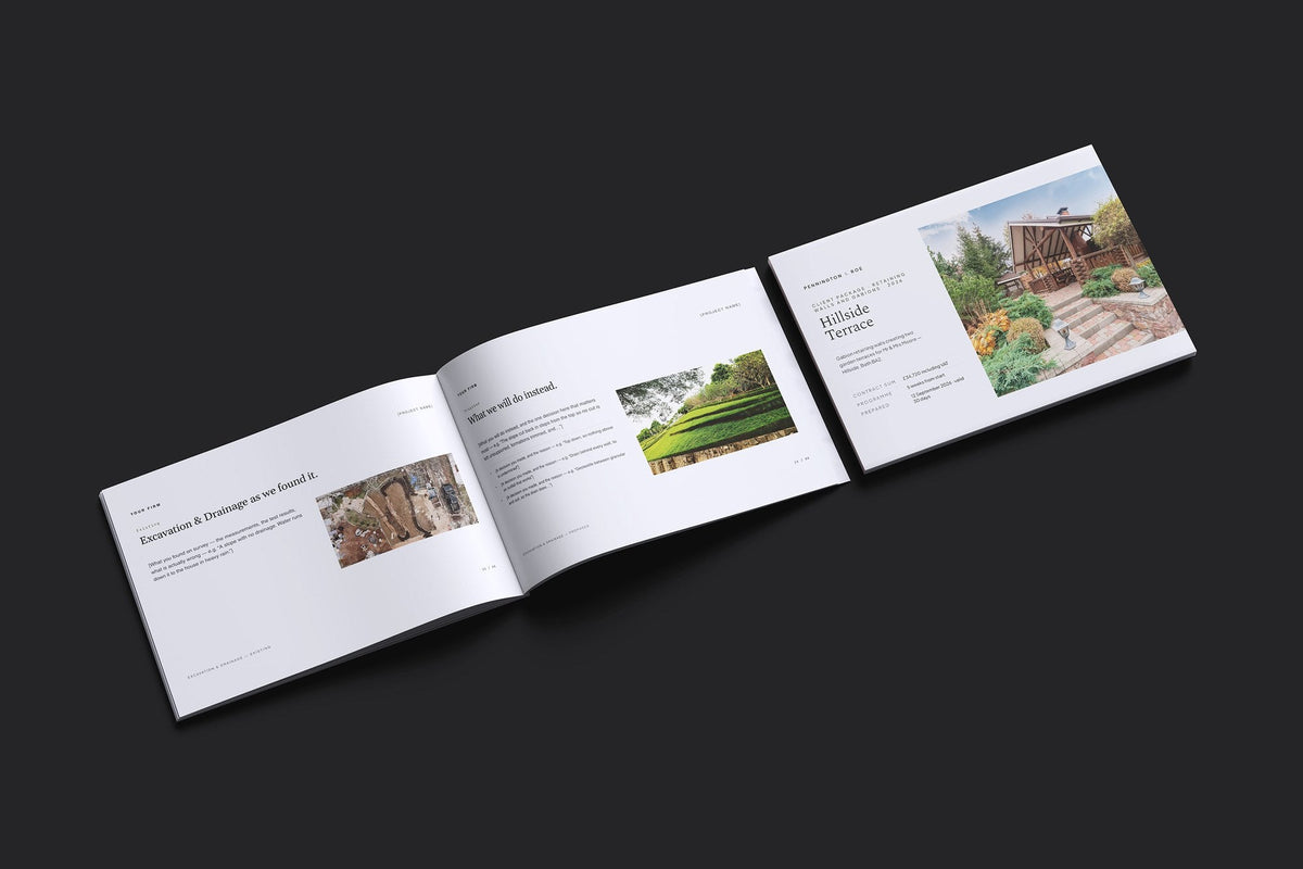 Retaining Walls and Gabions Client Package, Slate colourway, cover and inside spread mockup