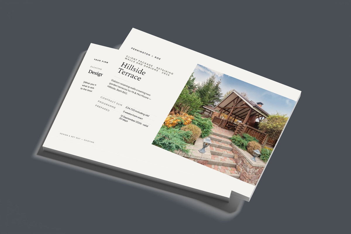 Retaining Walls and Gabions Client Package, Standard colourway, stacked books mockup