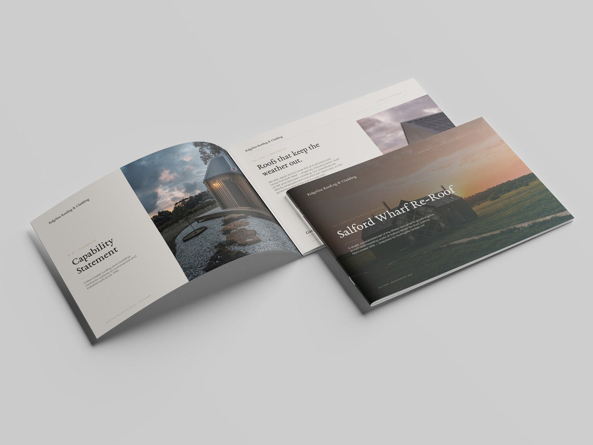 Roofing & Cladding Contractor Project Pack in PowerPoint, printed and open at the first pages