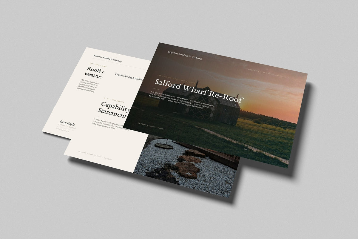 Roofing & Cladding Contractor Project Pack in PowerPoint, printed pages floating