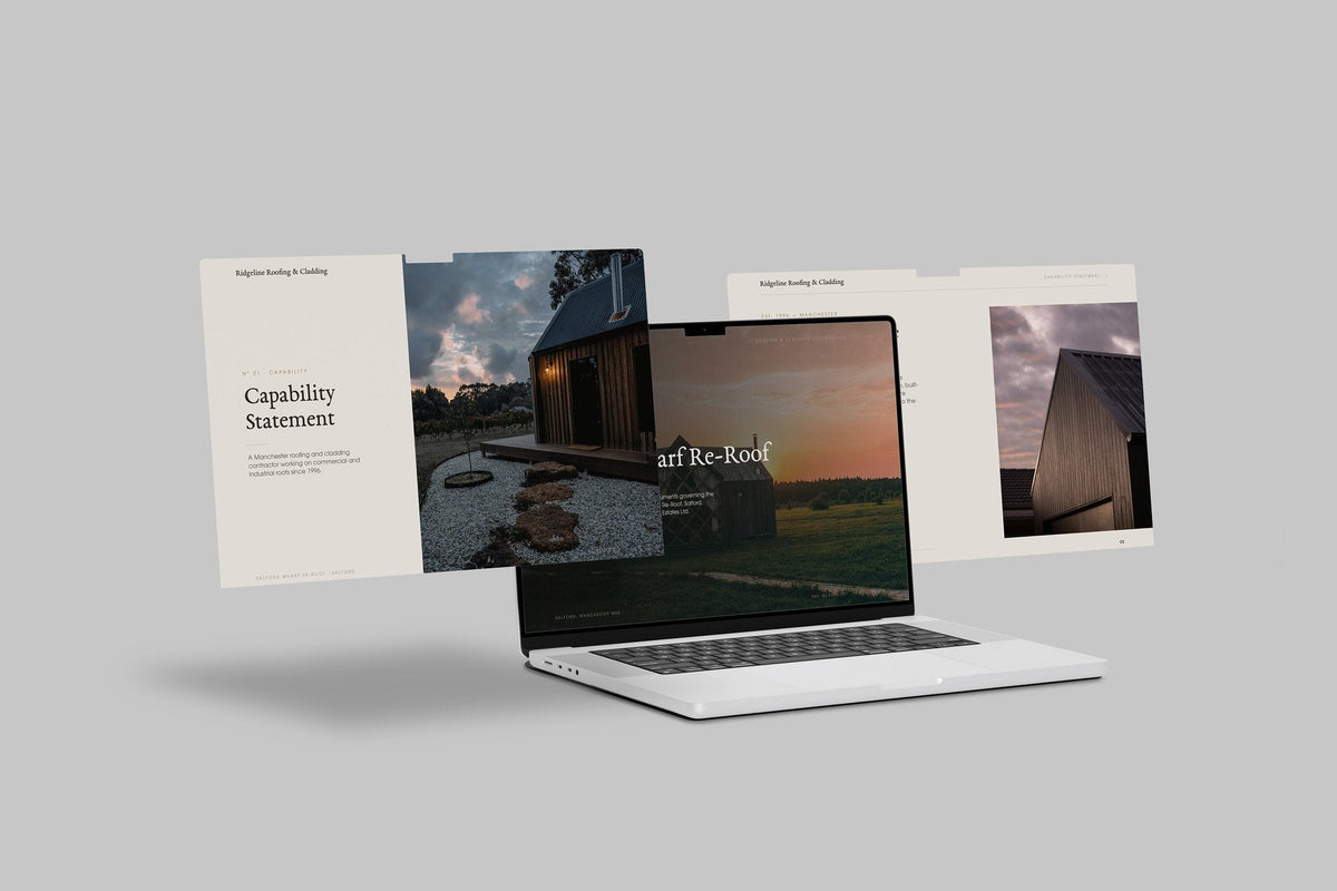 Roofing & Cladding Contractor Project Pack in PowerPoint, shown on laptop screens