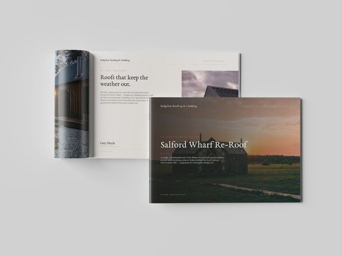 Roofing & Cladding Contractor Project Pack in PowerPoint, printed and open at an inside page