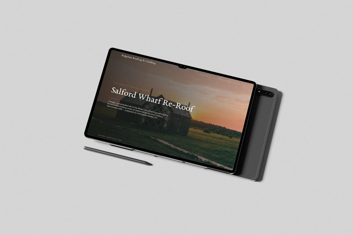 Roofing & Cladding Contractor Project Pack in PowerPoint, shown on a tablet