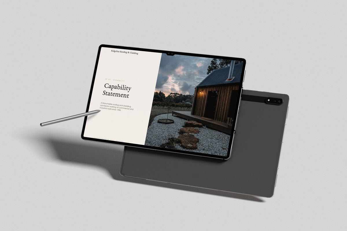 Roofing & Cladding Contractor Project Pack in PowerPoint, inside pages shown on a tablet