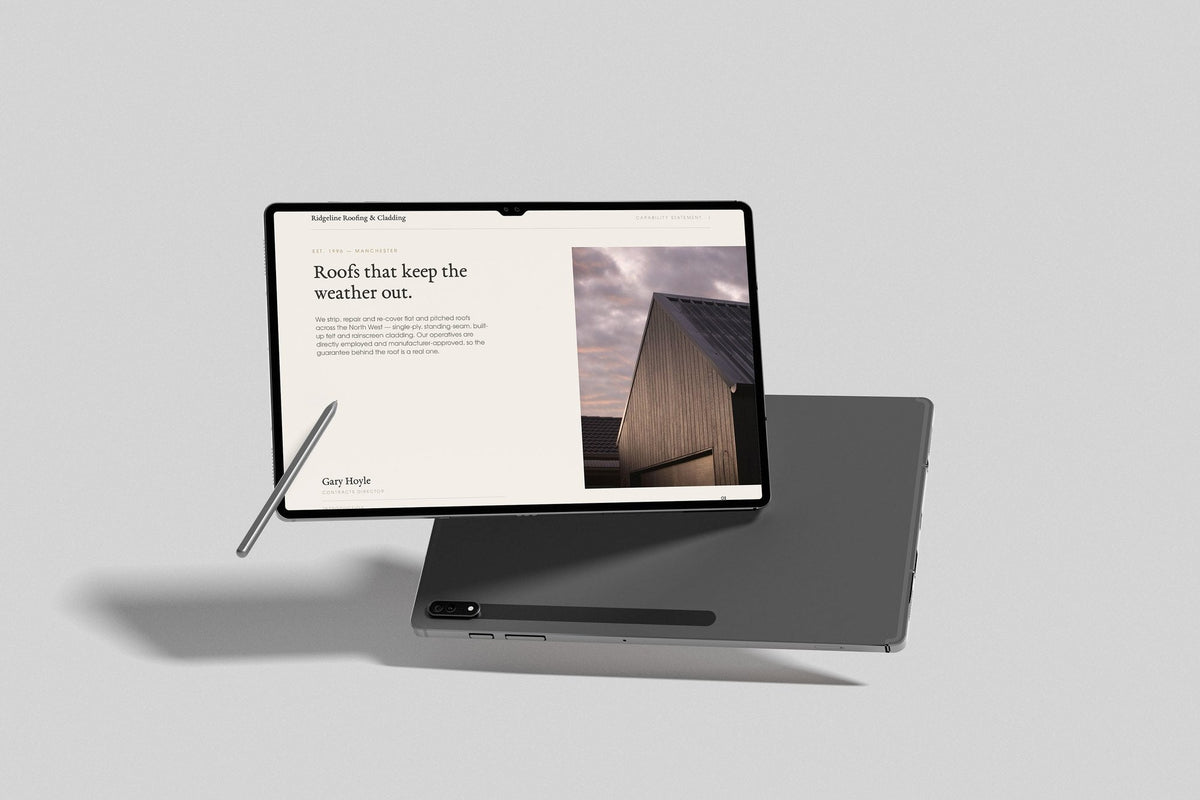 Roofing & Cladding Contractor Project Pack in PowerPoint, inside pages shown on a tablet