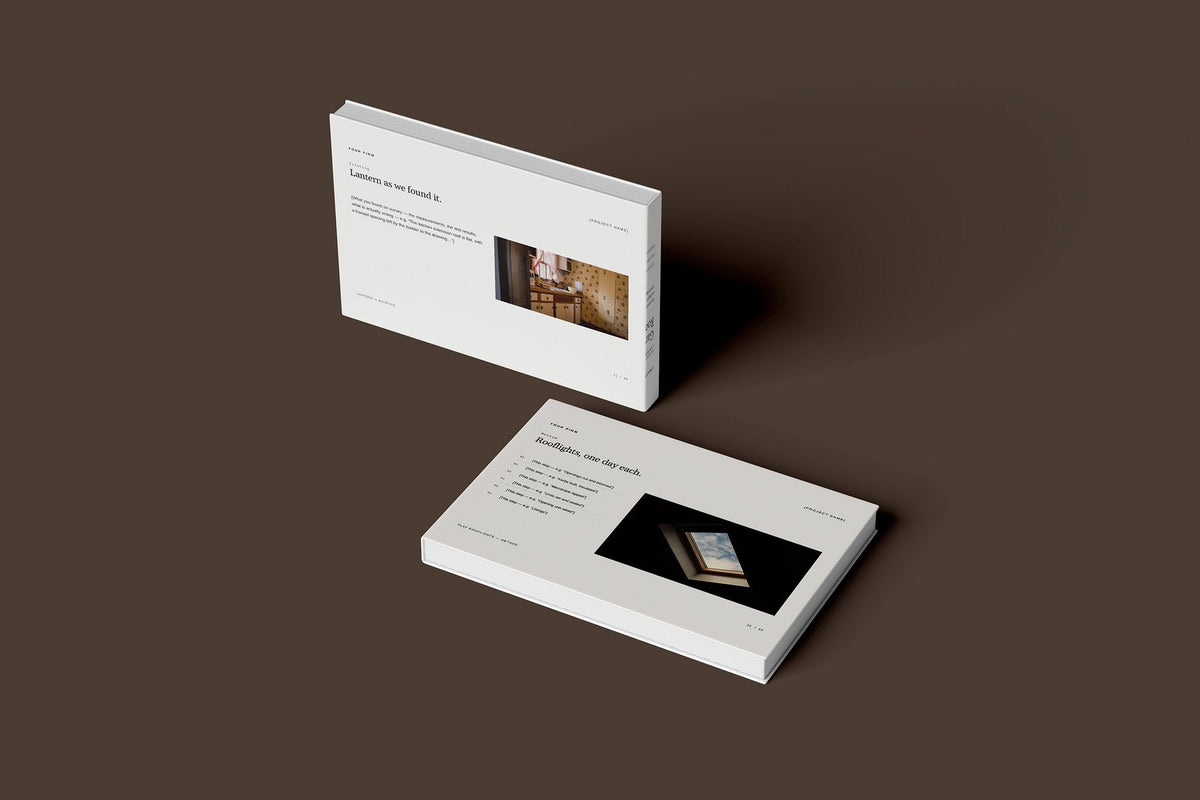 Roof Lanterns and Skylights Client Package, Ivory colourway, floating books mockup