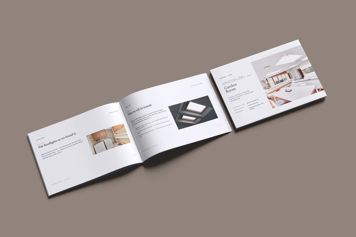Roof Lanterns and Skylights Client Package, Ivory colourway, cover and inside spread mockup