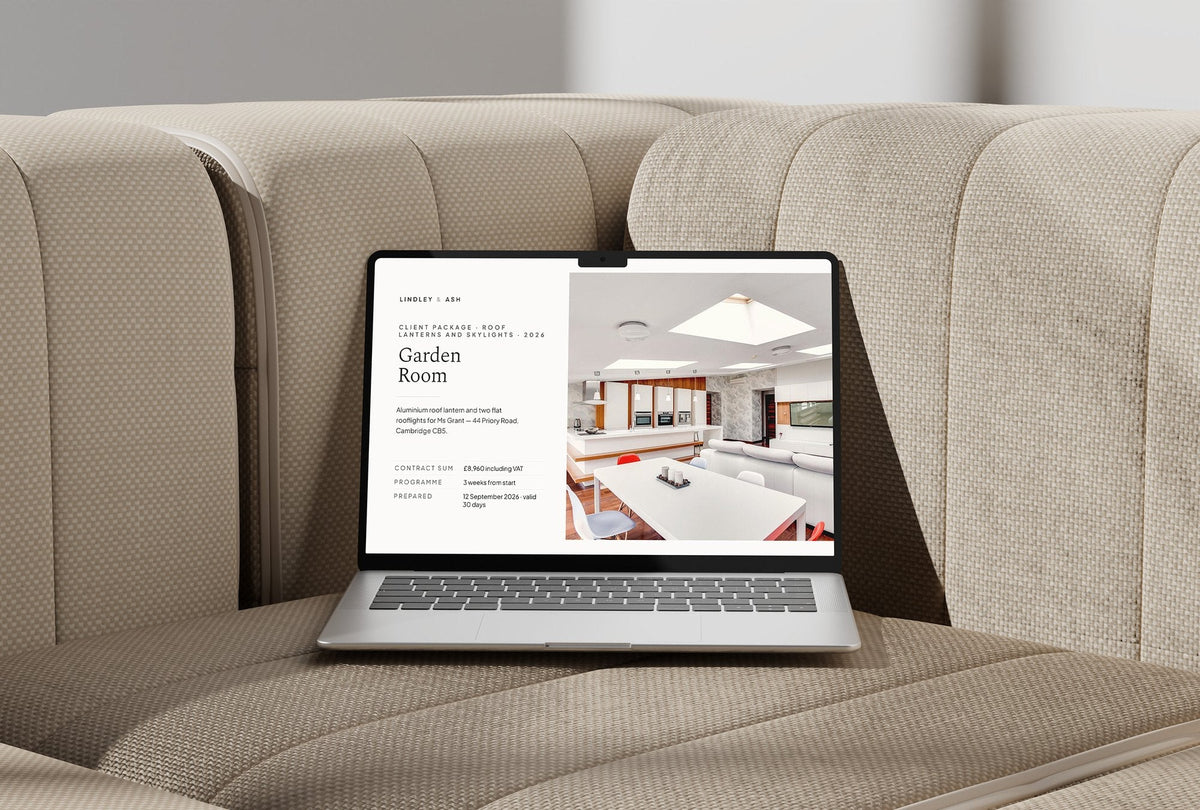 Roof Lanterns and Skylights Client Package, Ivory colourway, laptop screen mockup