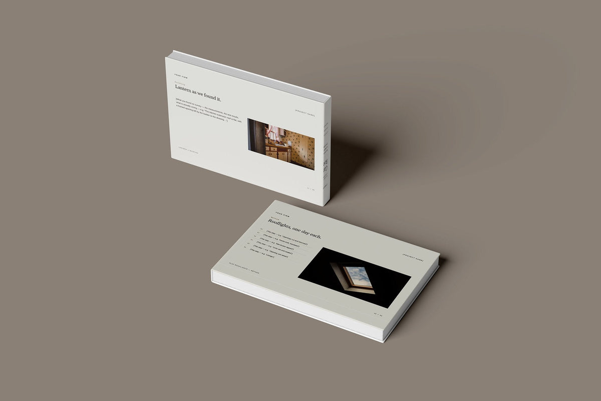Roof Lanterns and Skylights Client Package, Oat colourway, floating books mockup
