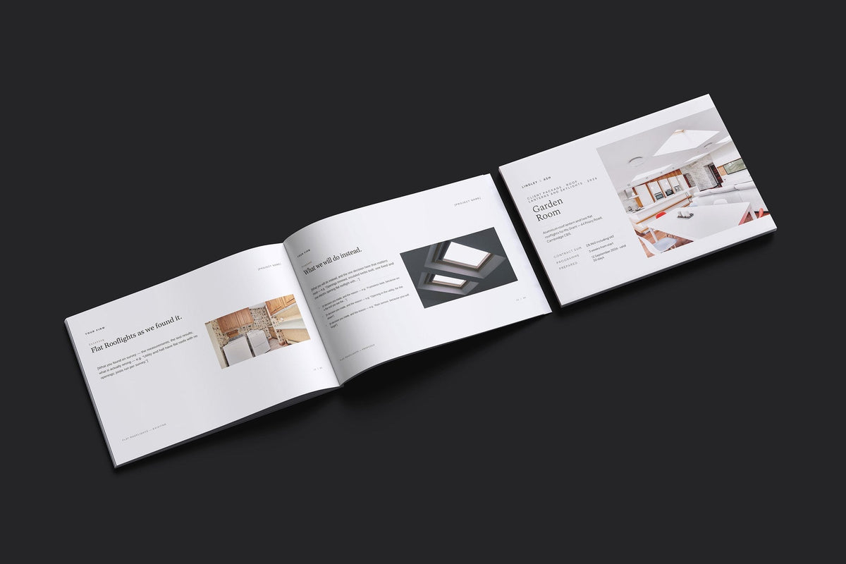 Roof Lanterns and Skylights Client Package, Oat colourway, cover and inside spread mockup