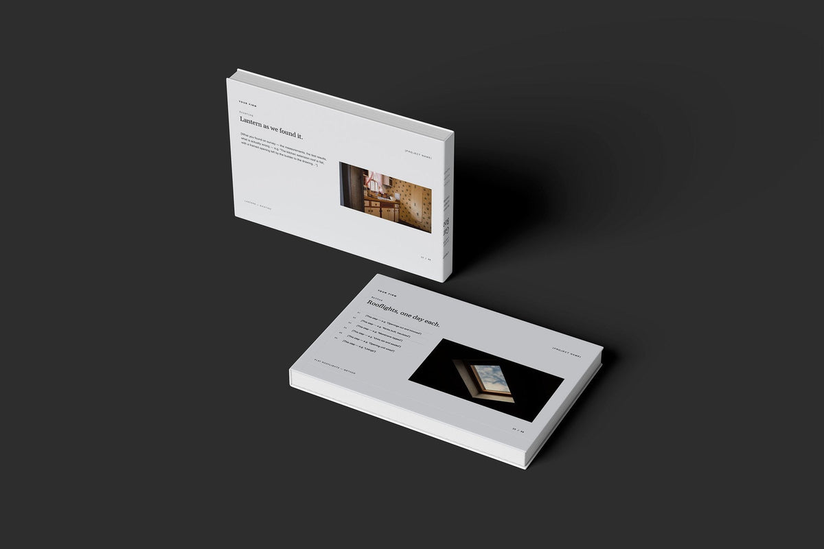 Roof Lanterns and Skylights Client Package, Slate colourway, floating books mockup