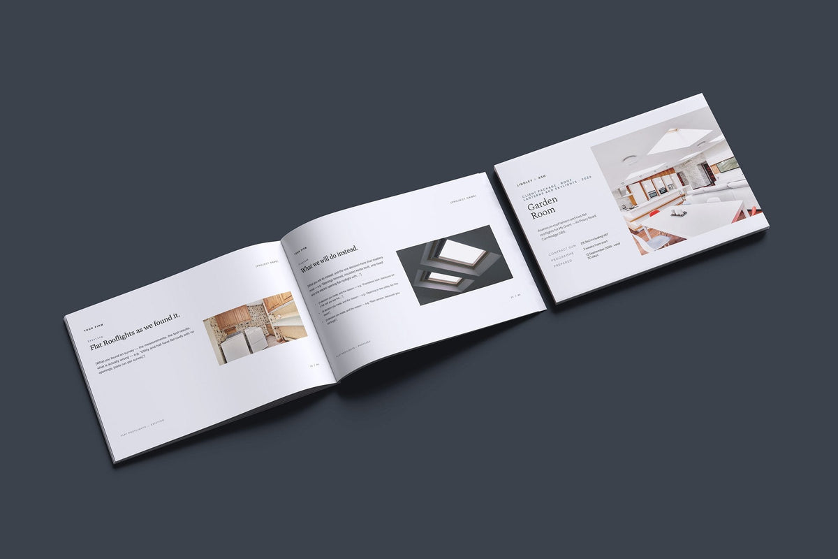 Roof Lanterns and Skylights Client Package, Slate colourway, cover and inside spread mockup
