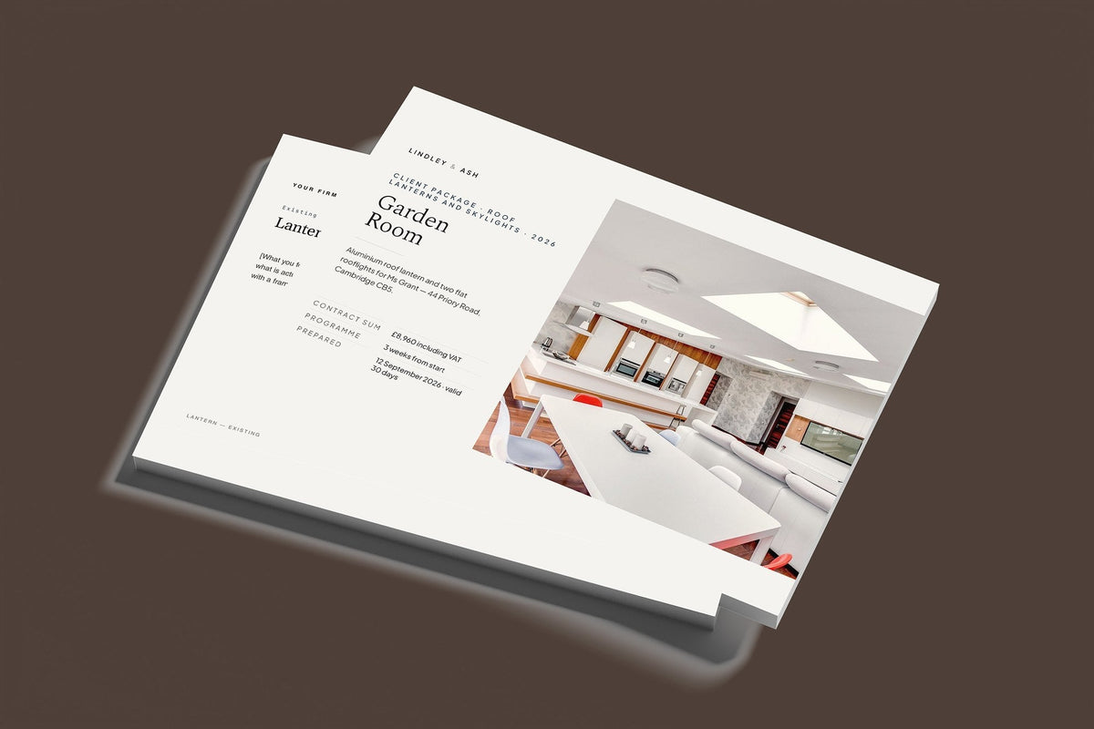 Roof Lanterns and Skylights Client Package, Standard colourway, stacked books mockup