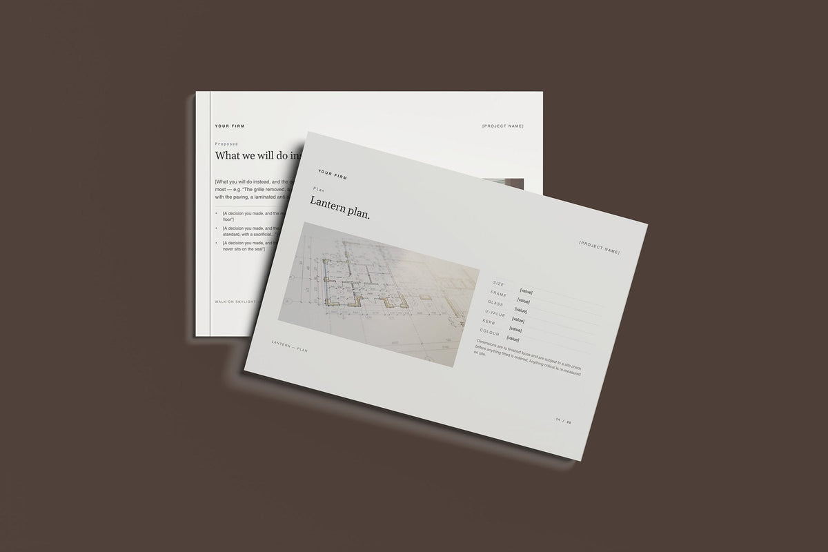 Roof Lanterns and Skylights Client Package, Standard colourway, front and back cover mockup