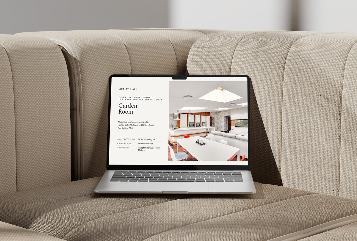 Roof Lanterns and Skylights Client Package, Standard colourway, laptop screen mockup