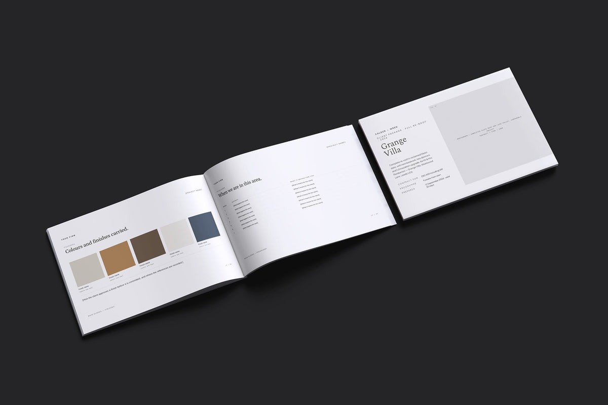 Roofer Client Package, Ivory colourway, cover and inside spread mockup