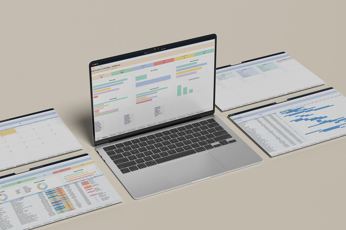 Roofing Task Tracker 2.0 Excel template, Dashboard tab on a laptop screen