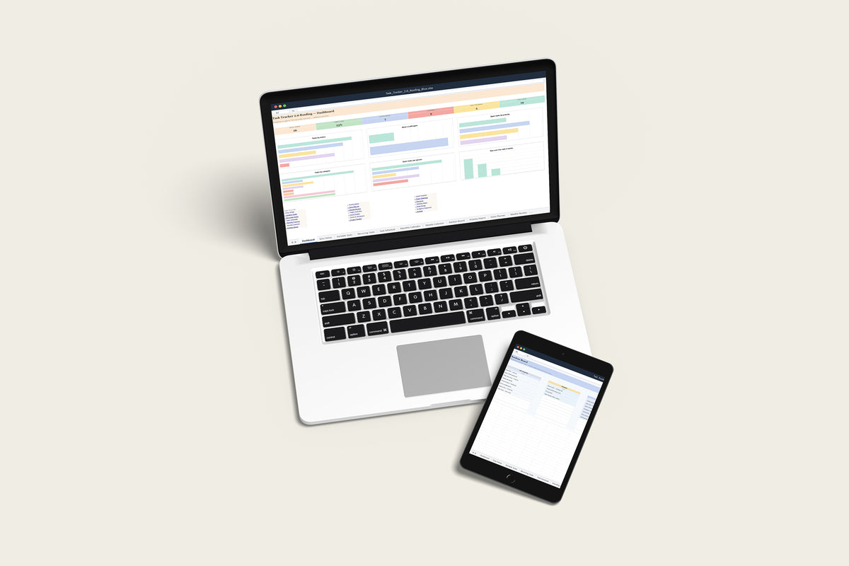 Task Tracker 2.0 - Roofing Excel template on a MacBook and iPad