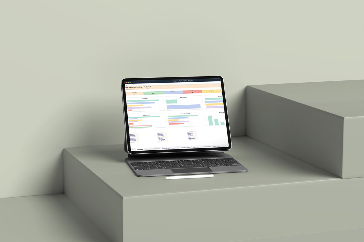 Task Tracker 2.0 - Roofing Excel template on an iPad with keyboard