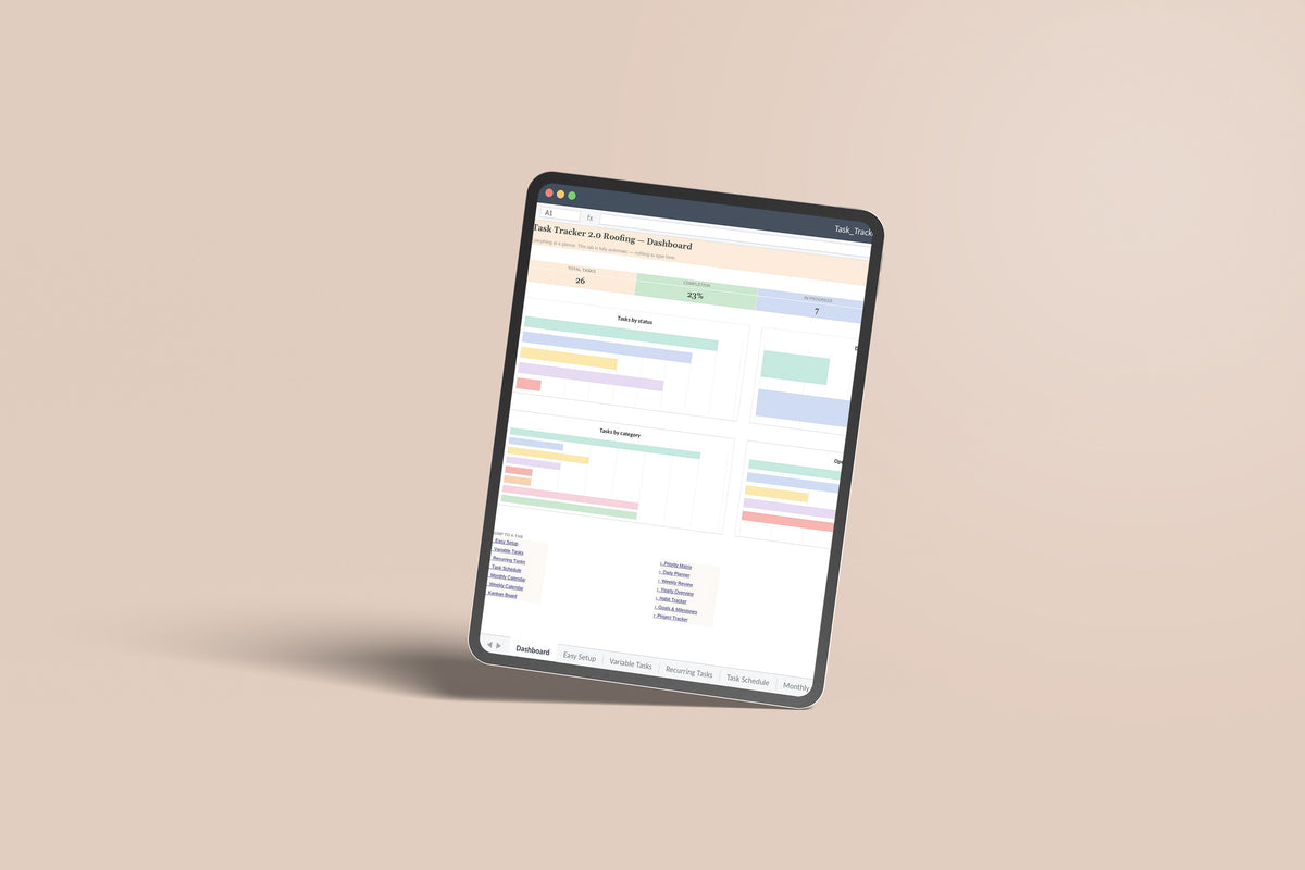 Task Tracker 2.0 - Roofing Excel template on an iPad Pro