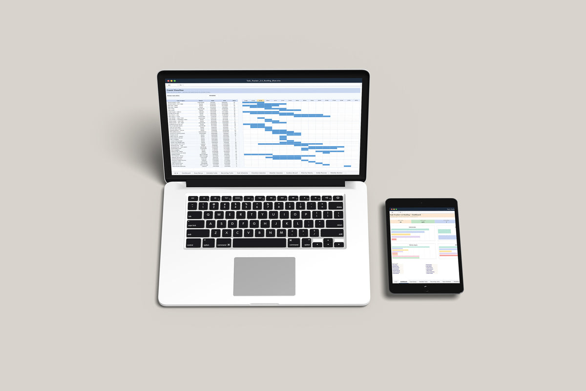 Task Tracker 2.0 - Roofing Excel template on a MacBook and iPad, second view