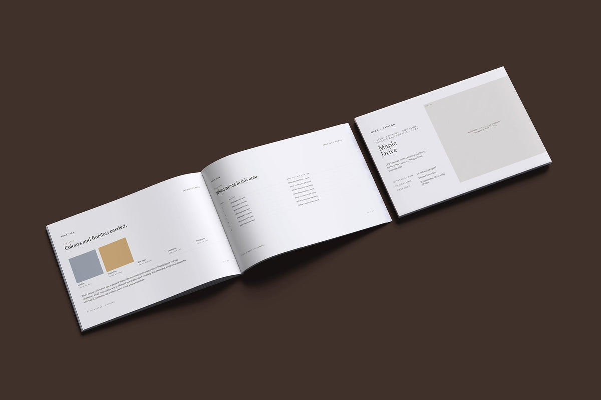 Roofline Fascias and Soffits Client Package, Oat colourway, cover and inside spread mockup