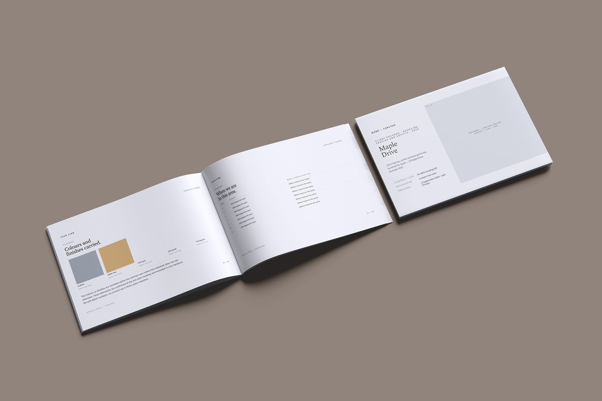 Roofline Fascias and Soffits Client Package, Slate colourway, cover and inside spread mockup