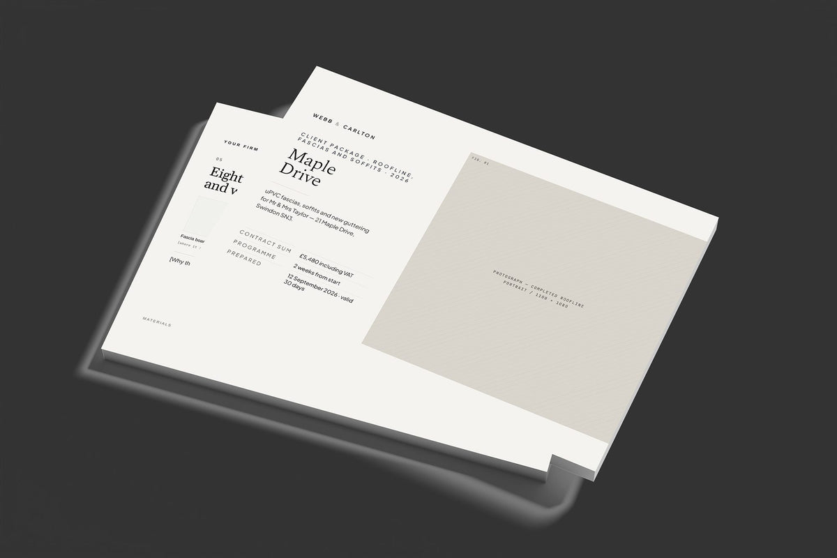 Roofline Fascias and Soffits Client Package, Standard colourway, stacked books mockup
