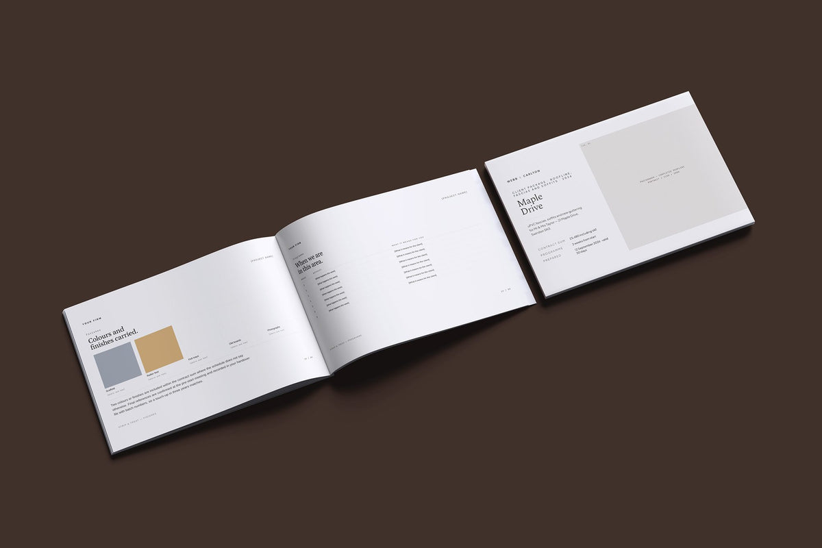 Roofline Fascias and Soffits Client Package, Standard colourway, cover and inside spread mockup