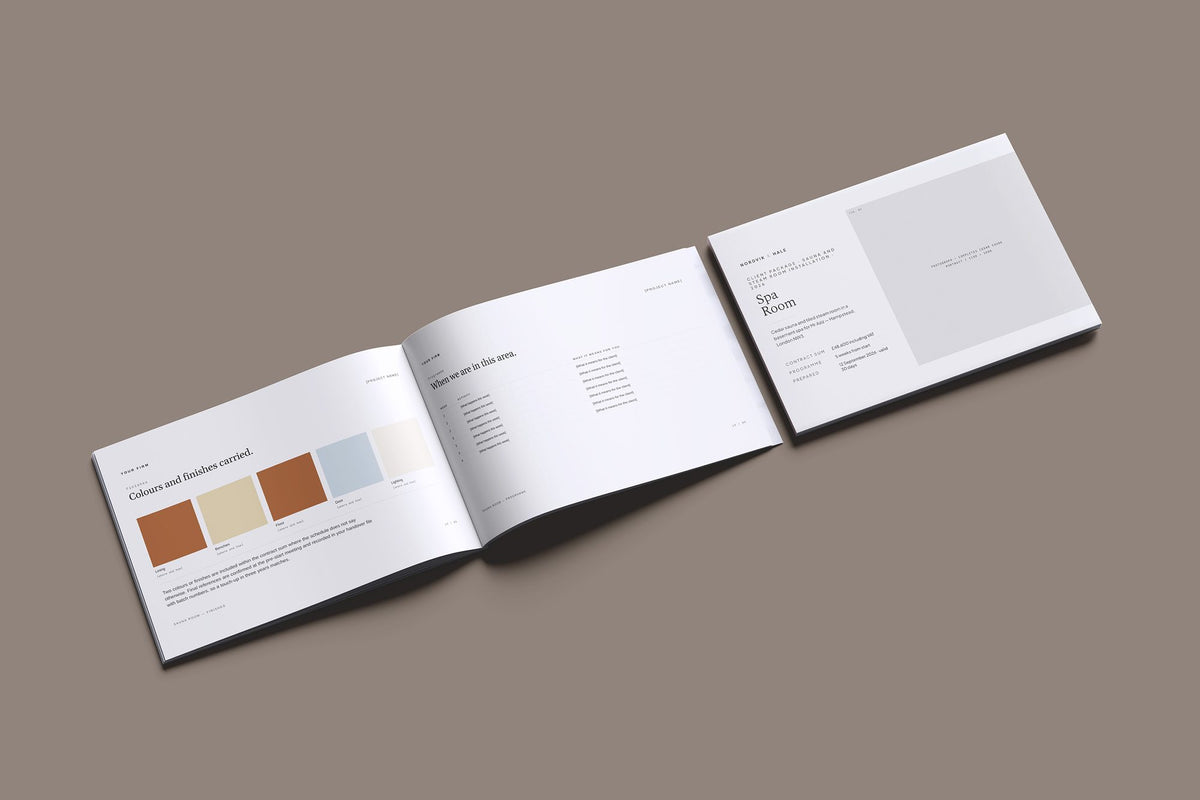Sauna and Steam Room Client Package, Ivory colourway, cover and inside spread mockup