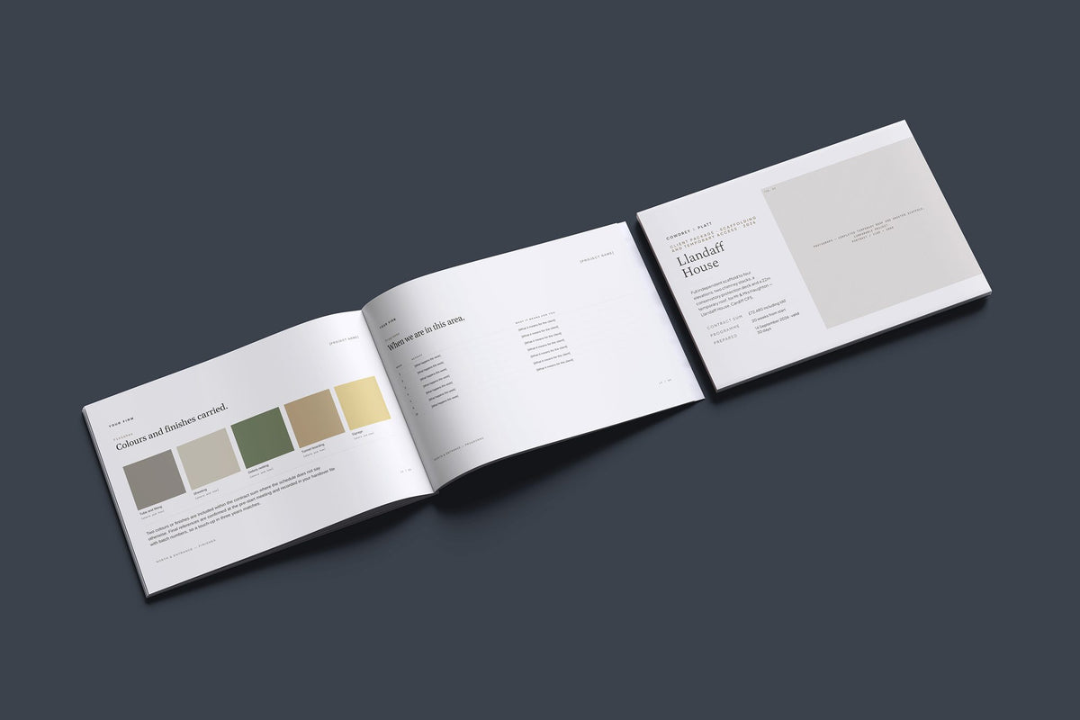 Scaffolding Client Package, Oat colourway, cover and inside spread mockup