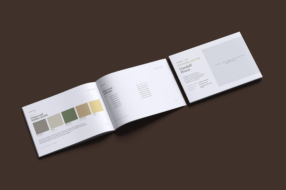Scaffolding Client Package, Slate colourway, cover and inside spread mockup