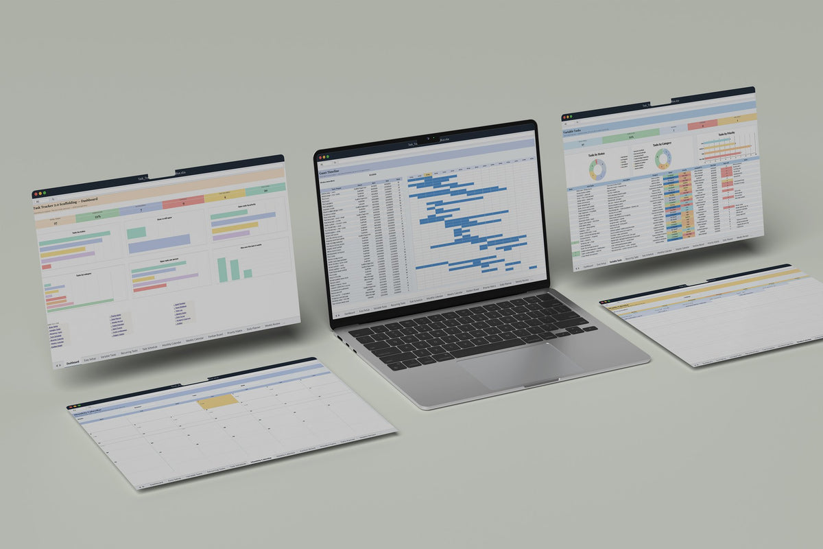 Scaffolding Task Tracker 2.0 Excel template, Gantt Timeline tab on a laptop screen