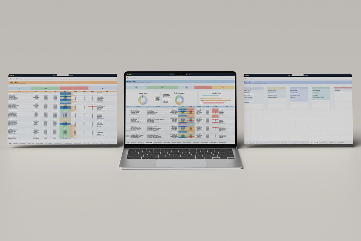 Scaffolding Task Tracker 2.0 Excel template, Variable Tasks tab on a laptop screen