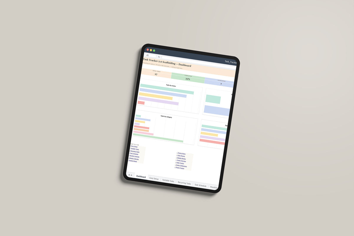 Task Tracker 2.0 - Scaffolding Excel template on an iPad Pro