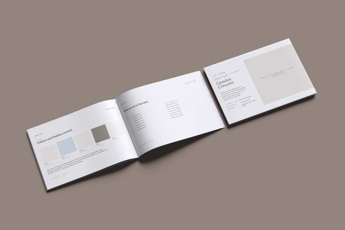 Secondary Glazing Client Package, Oat colourway, cover and inside spread mockup