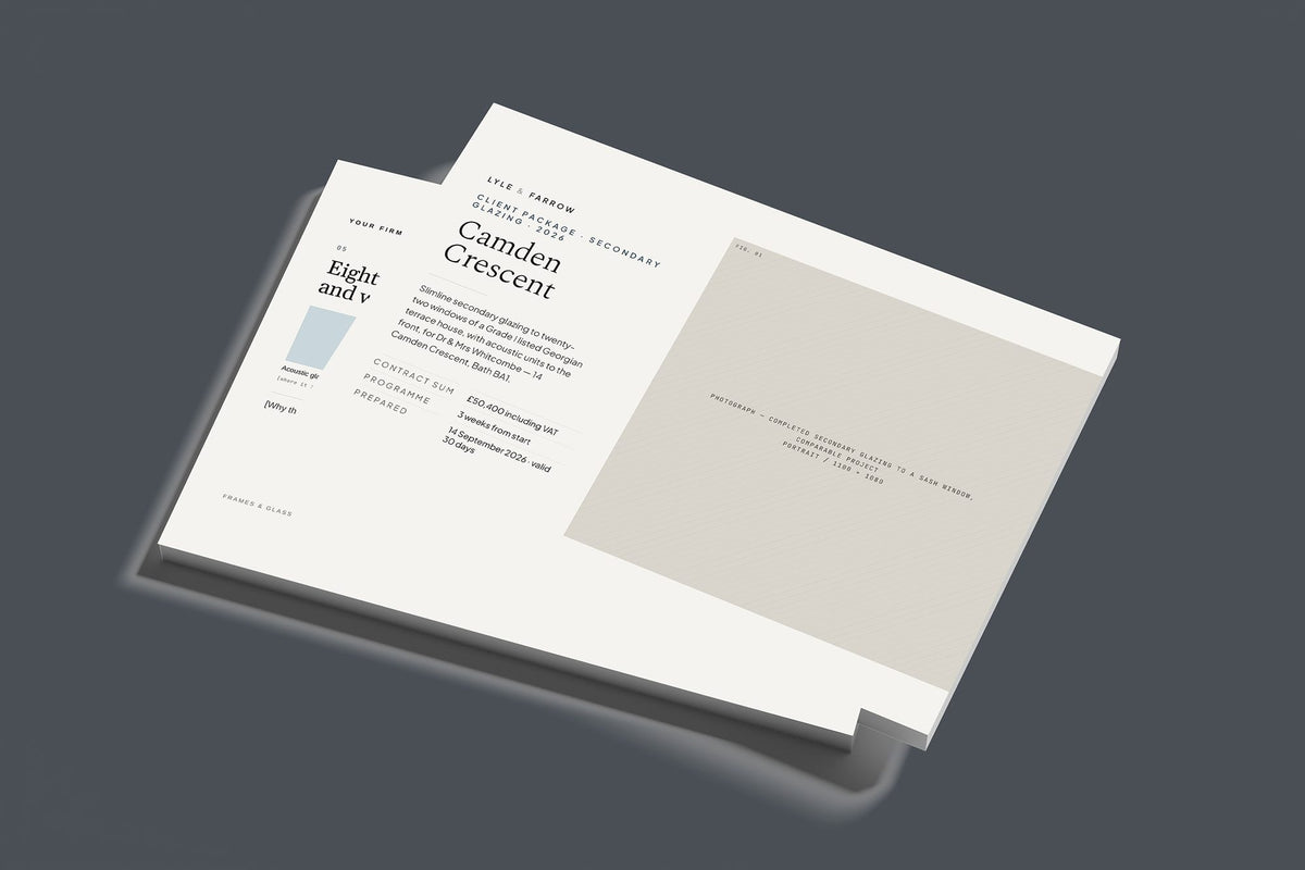 Secondary Glazing Client Package, Standard colourway, stacked books mockup