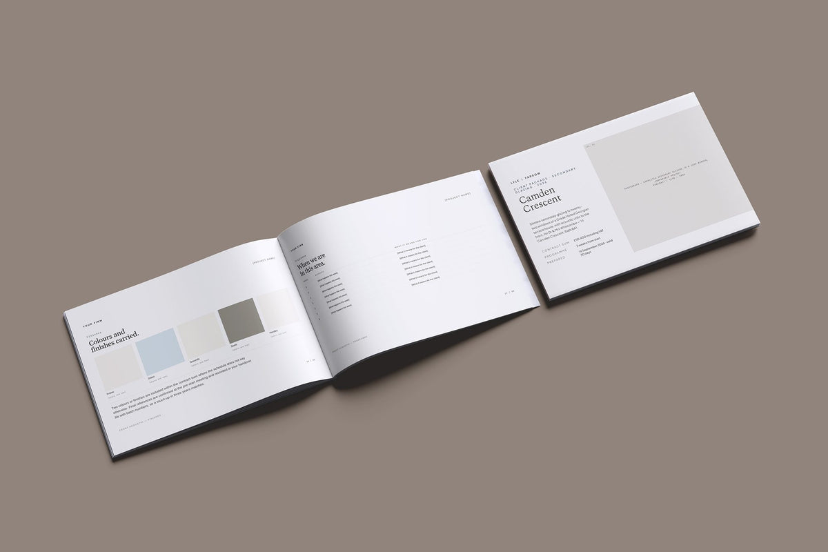 Secondary Glazing Client Package, Standard colourway, cover and inside spread mockup